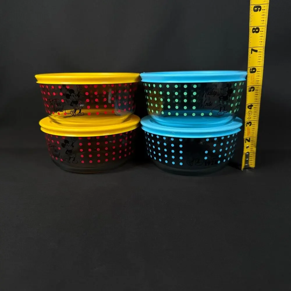 Lot of 4 Pyrex Mickey Mouse Disney Storage Bowls w lid Set Vintage 6